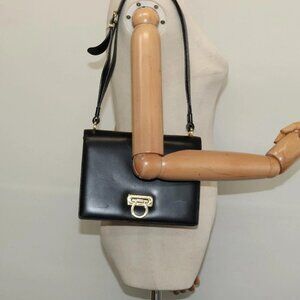 Salvatore Ferragamo Gancini Shoulder Bag Leather Black Gold Auth